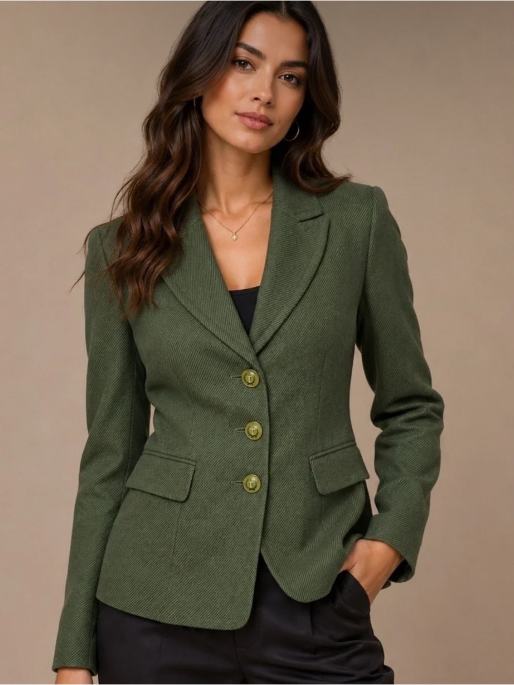 TALBOTS Womens 10 100% Wool 3 T-Logo Button Blazer Jacket Green Vintage